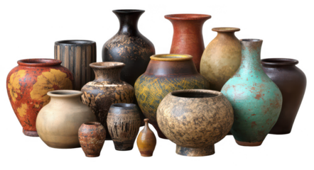 numerous beautiful pottery pots and vases, isolated against a white background, png, transparent
