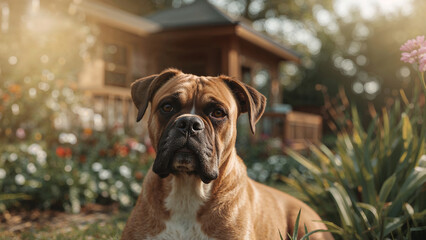 Giovane cane di razza boxer riposa nel giardino di casa