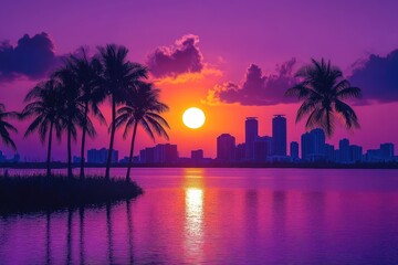 Obraz premium Silhouetted city sunset with palm trees