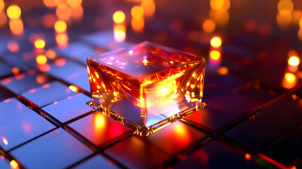 Illuminated Crystal Cube on a Reflective Grid with Bokeh Lights