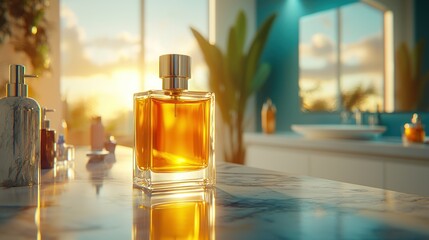 Perfume bottle on marble, bright bathroom background