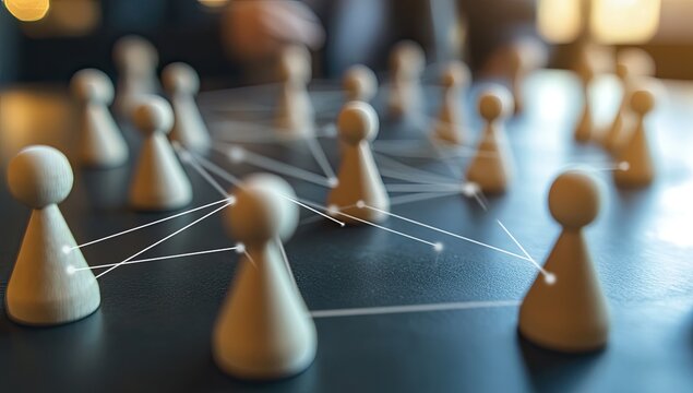Wooden figures connected by lines on a dark surface