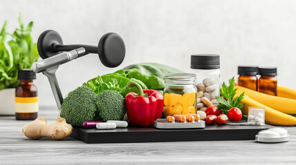 Balanced scale with dumbbell and vegetables, symbolizing harmony between fitness and nutrition for healthy living