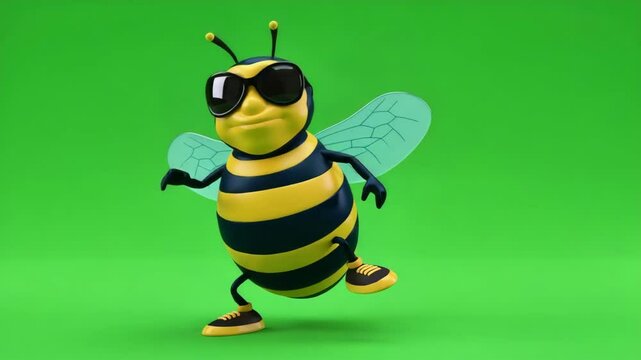 Cool Bumblebee Dancing on Green Screen - A fun, cartoon bumblebee wearing sunglasses and sneakers dances against a bright green screen.