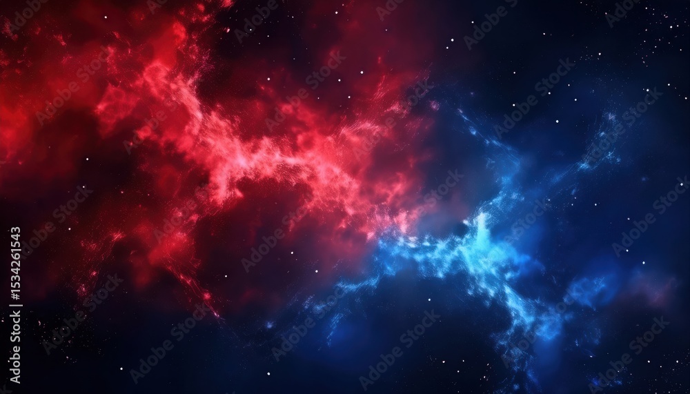 Poster vivid red and blue nebula energy stream in deep space background for web design, sci-fi branding, pr