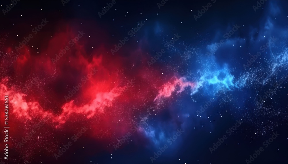Poster vivid red and blue nebula energy stream in deep space background for web design, sci-fi branding, pr
