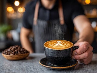Barista serves latte with artistic foam design