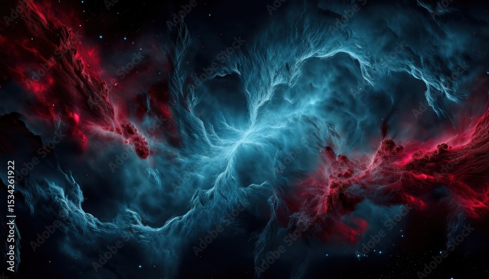 Poster ethereal nebula clash with red and blue energy tendrils in deep space for sci-fi background, web des