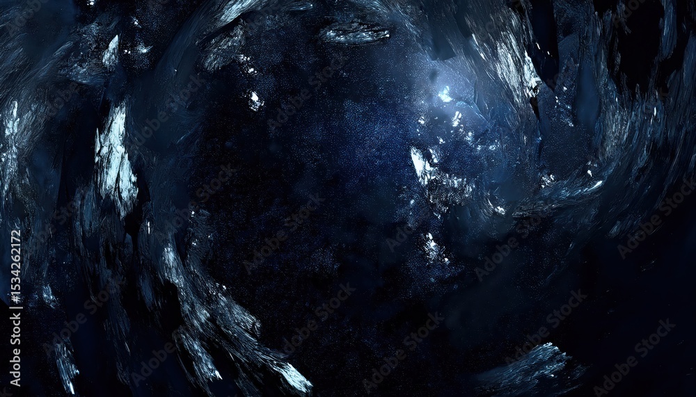Poster abstract cosmic rift explosion in deep blue hues with scattered particles and light shards for digital art, web design, sci-fi branding, or atmospheric print media

