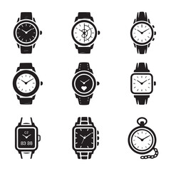 Collection of Stylish Wristwatches and a Pocket Watch, a diverse selection of wristwatches in various styles, including round, chronograph, and square designs vector art on white