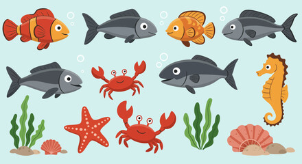 Cartoon underwater world with cute marine animals, fish, crab, seahorse and starfish