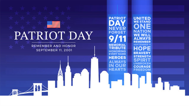 9/11 USA Never Forget September 11, 2001. Vector conceptual illustration for Patriot Day USA banner or poster. Memorial message made of Twin Towers and the Tribute in Light and panorama of New York 