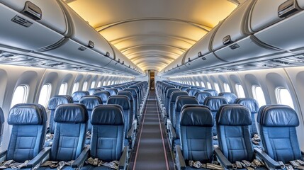 Fototapeta premium View from inside airplane showing rows of seats and aisle