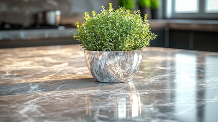 Potted herb on marble countertop, soft sunlight