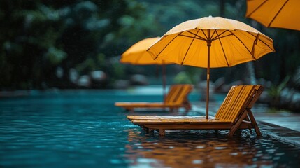 Poolside relaxation with orange umbrellas