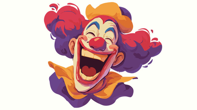 A digital illustration of a clown's face. The clown is depicted with a wide, open mouth, showing a joyful laugh.  The clown has bright red, voluminous hair, a large red nose, and exaggerated