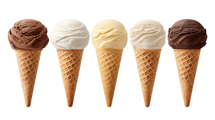 Ice cream cone isolated on transparent background with five different flavors in row