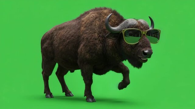 Cool Bison in Sunglasses on Green Screen - A 3D-video bison, sporting stylish sunglasses, stands against a vibrant green screen background.