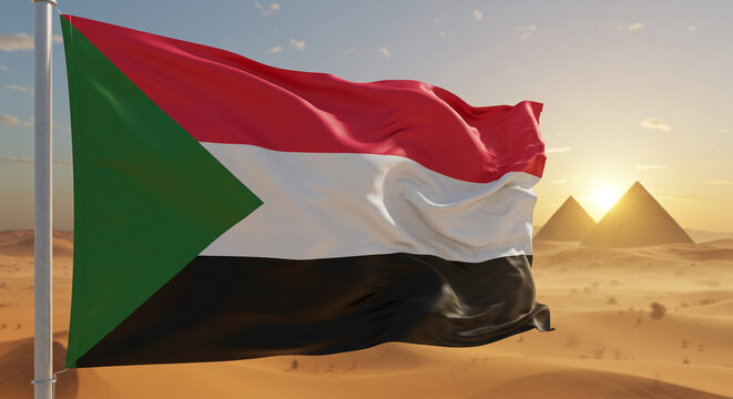 Sudan flag waving desert pyramids sunset landscape travel Africa