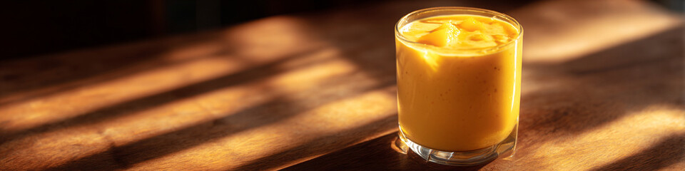 A glass of mango smoothie on a wooden table with sunlight shining through it