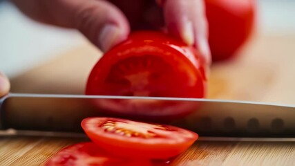 Closeup slicing motion of fresh tomato with sharp knife on cutting board - Powered by Adobe