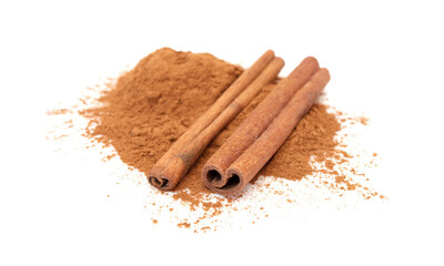 Cinnamon sticks  and Cinnamon Powder isolated on white background.