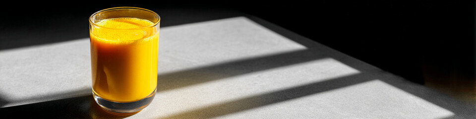 A glass of orange juice sitting on a table with shadows in the background
