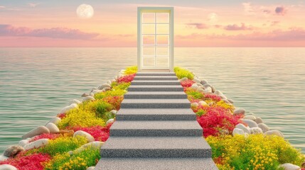 Stone Staircase Leading from Ocean to Sky at Sunset