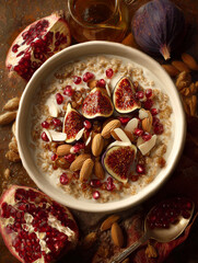 A bowl of oatmeal with figs pomegranates and almonds on a rustic brown surface