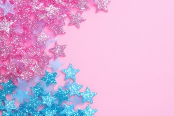 A pink background with a blue and white star and a pink star. , with ample copy space for text.