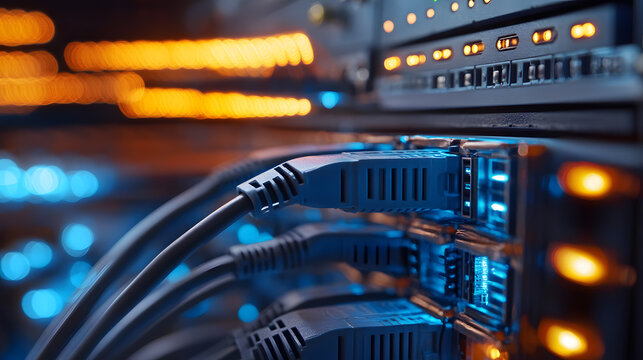 Network cables connected to server ports with illuminated indicators in a data center environment. - Powered by Adobe
