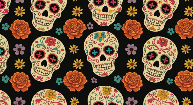 Vibrant Day of the Dead Floral Skulls Seamless Pattern for Festive Backgrounds