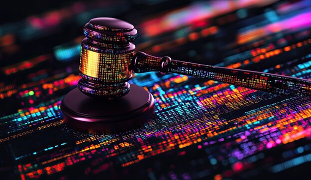 Gavel on a digital code background