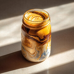 A close up of a mason jar filled with a creamy coffee drink with light shining