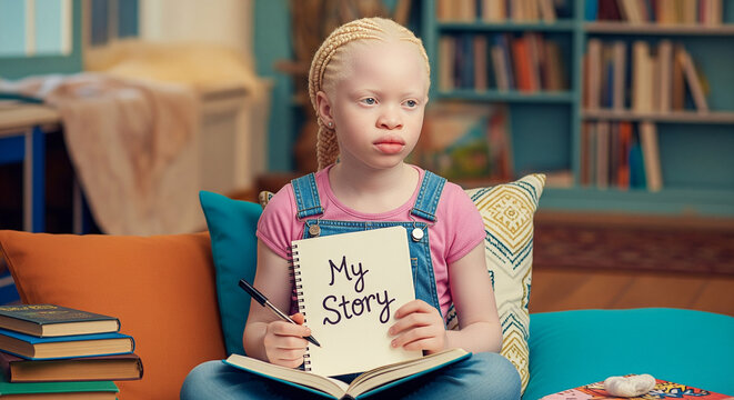 Thoughtful Young Girl with Albinism Writes in a Notebook Titled "My Story," Expressing Her Unique Journey and Identity