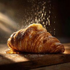 Close up of a croissant with butter and powdered sugar being sprinkled on top