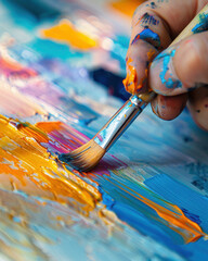 Fototapeta premium A close-up of a hand holding a paintbrush, applying vibrant colors to a canvas. The hand is adorned with colorful paint stains, showcasing an artistic process.