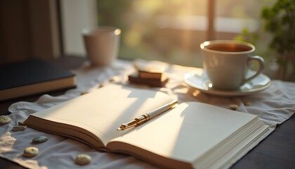 Open notebook with pen, coffee cup, and sunlight illuminating the scene.
