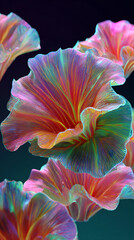 A cluster of abstract floral shapes with iridescent and vibrant colors glowingly