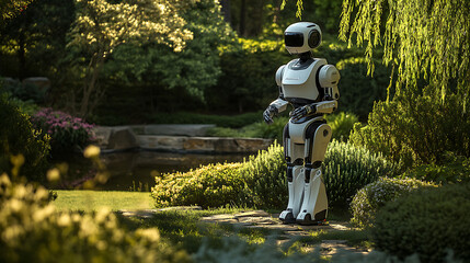Robot standing contemplatively in a serene garden setting