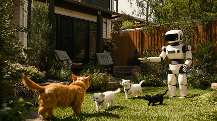 Robot interacts with cats in a sunny backyard setting
