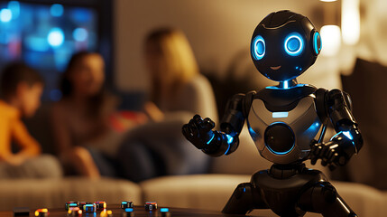 Robot with glowing eyes interacts in a cozy living room setting