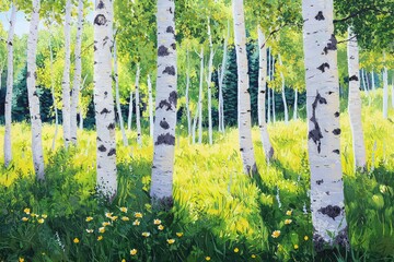 Obraz premium Birch forest, sunlit glade, white tree trunks