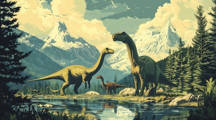 Two large dinosaurs and two smaller ones near a lake in a mountainous landscape, with tall trees and a cloudy sky.