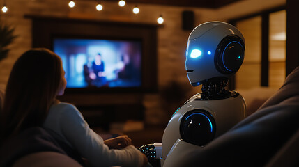 Person and robot sitting together, watching television in a cozy living room