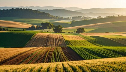 Serene Rolling Hills Farmland Sunrise Landscape.