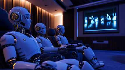 Robotic Entities Seated in a Dimly Lit Theater Watching a Screen