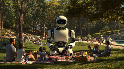 Family Enjoying a Picnic with a Robot in a Park