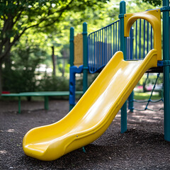 A colorful children's slide featuring a yellow sliding surface and a green frame with blue rungs for climbing.