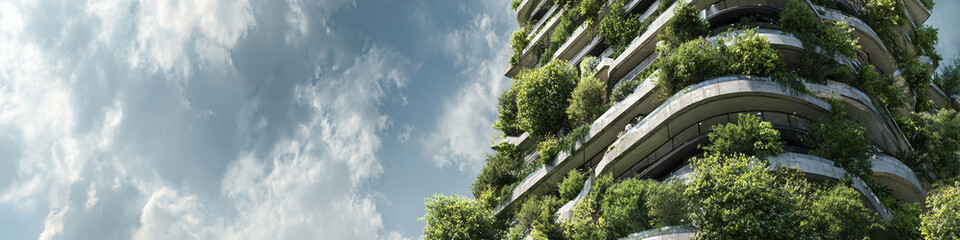 A low angle view of a green building with plants and a cloudy sky behind it